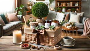 Wicker basket filled with a variety of housewarming gifts.