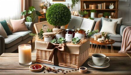 Wicker basket filled with a variety of housewarming gifts.