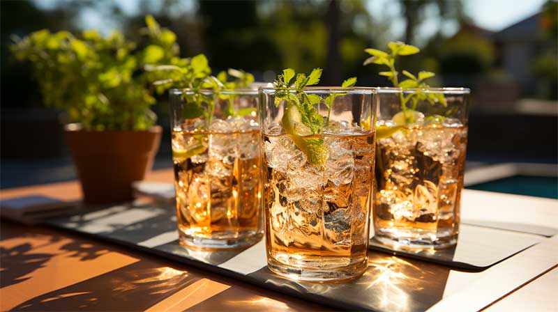 Three glasses of iced tea on a wooden table with ice cubes, lemon wedges, and mint leaves.