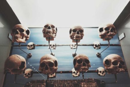 a group of skulls on a wall