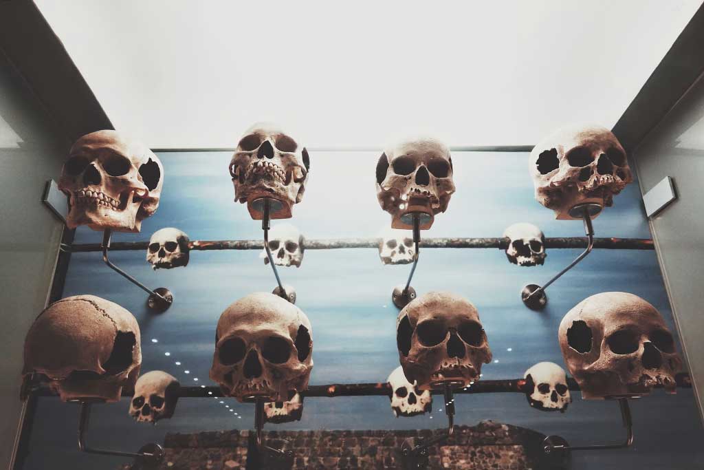 a group of skulls on a wall