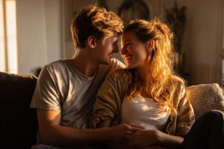 a man and woman sitting on a couch