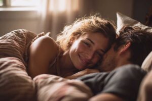 a man and woman lying on a bed